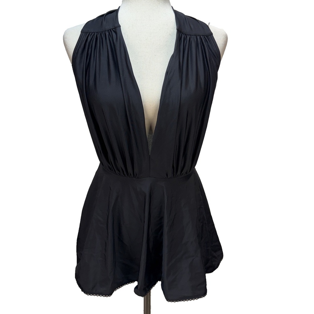 Unique Vintage Wendy‎ Skirt Swimsuit Size L Black Swim Dress Halter Deep V Retro